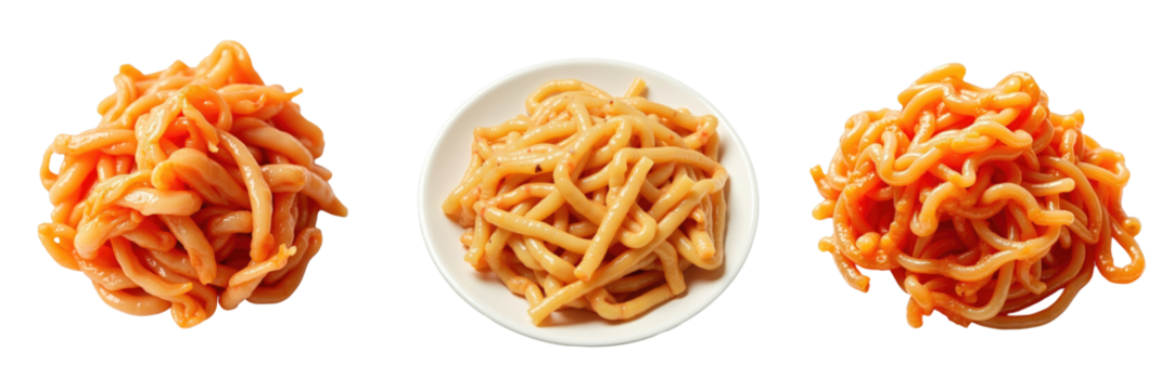 Pickled cabbage kimchi served in three different portions on a transparent background highlighting the texture and color of the traditional Asian dish isolated for presentation