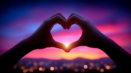 Fototapeta premium Hands create heart shape silhouette at sunset, vibrant colors blend in sky. City lights twinkle below, capturing feelings of love, connection, and romance. Concept of relationships, weddings, dating