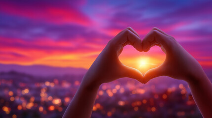 Hands create heart shape against stunning sunset backdrop with vibrant oranges and purples. City lights twinkle below. Concept of love, romance, emotional connection