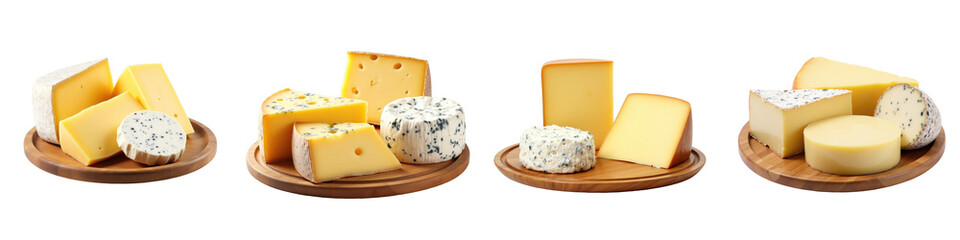 Assorted selection of solid French cheeses including Parmesan, Brie, Edam, and blue cheese displayed on wooden plates against a transparent background.