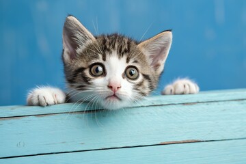 Cute tabby kitten peeking over blue wooden fence