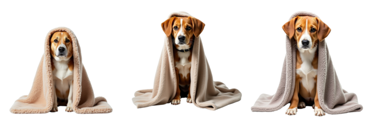 Three dogs sitting, each wrapped in separate soft blankets, displaying expressive faces, isolated on a transparent background, emphasizing texture and detail.