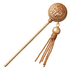 Elegant Gold Hair Pin with Pearl Ornament and Decorative Tassel on Clean White Background