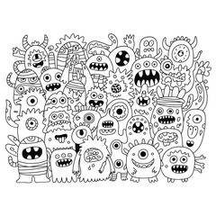 Obraz premium a dense and elaborate doodle illustration featuring a chaotic gathering of quirky black and white monsters and creatures