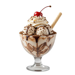 Indulge in delightful dessert featuring ice cream topped with whipped cream, chocolate drizzle, and cherry