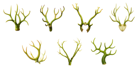 Various styles of Platycerium fern antlers displaying distinctive branching shapes on a transparent background ideal for botanical illustration and design use