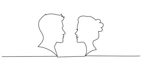 Couple Faces One Line Drawing. Couple Kissing Creative Contemporary Abstract Line Drawing. Woman and Man Modern Vector Minimalist Design for Wall Art, Print, Card, Poster.
