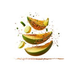 Spicy Mango Slices with Lime and Chili Flakes in Air