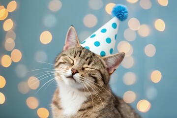 Happy cat wearing party hat with bokeh lights