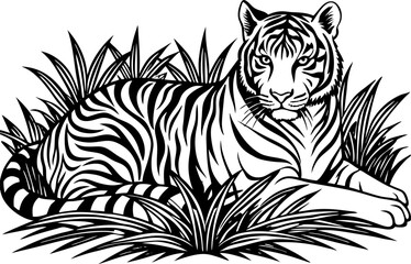 tiger in the grass. A tiger resting in tall green grass .  majestic tiger, its stripes bold and its eyes piercing,