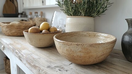 Two artisanal ceramic bowls on a light wooden surface.