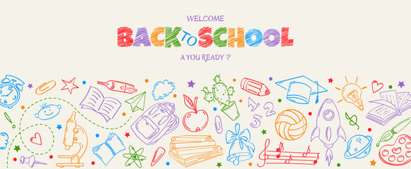 Horizontal banner with contour patterns, back to school. Conceptual symbols of education drawn in doodle style.
