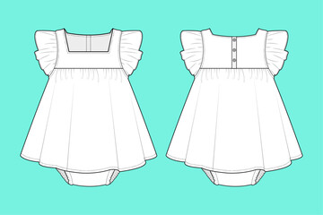 Infant baby girls frill sleeve gathered dress technical drawing fashion flat sketch vector illustration template front and back views outline CAD mockup.