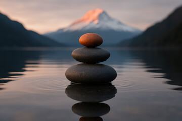 Achieving balance and stability is essential for success illustrated by smooth stones stacked calmly on a lake at sunrise near snow-capped mountains