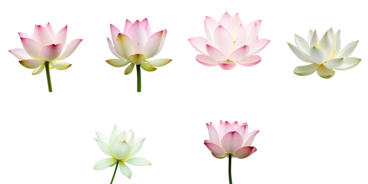 various lotus flowers isolated on transparent background in multiple colors and perspectives showcasing intricate petal details and vibrant shades