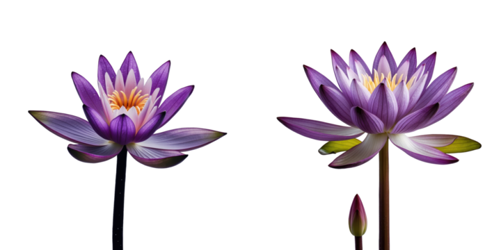 Purple water lily flowers with multiple petals and yellow centers, one bloom fully opened and another budding, isolated on a transparent background with clipping path for transparent overlay.