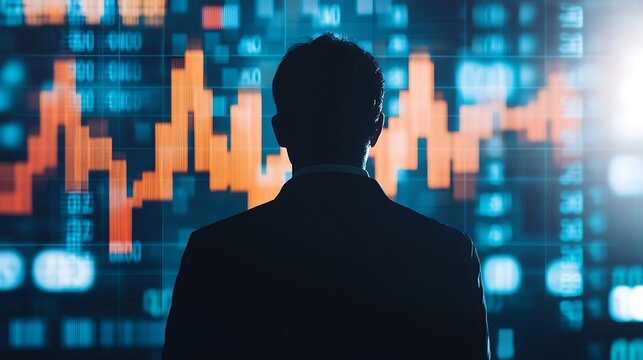 A man in a suit analyzes fluctuating financial data on a digital screen, symbolizing investment, trading, or market analysis.