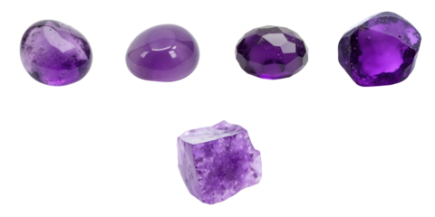Natural amethyst gemstones in various shapes and sizes including polished and raw forms isolated on a transparent background showcasing their unique colors and textures