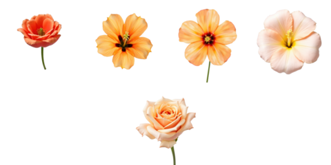 Collection of five distinct flowers including a rose, arranged with varying colors and shapes, isolated on a transparent background for clarity and visual impact.