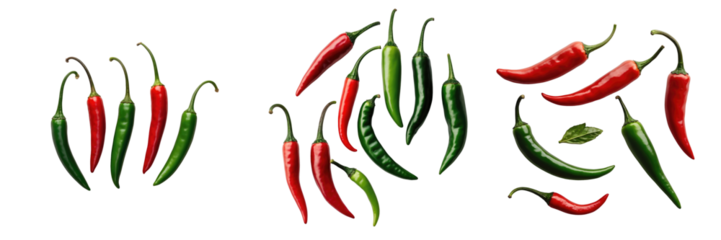 Various red and green chilies arranged on a transparent background with isolated sections highlighting their vibrant colors and distinct shapes for culinary or graphic design uses