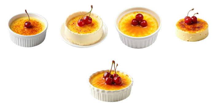 variety of creme brulee desserts topped with cherries arranged on a transparent background showcasing different shapes and sizes of ramekins