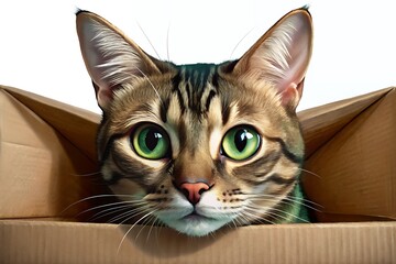 Curious bengal cat peeking from cardboard box