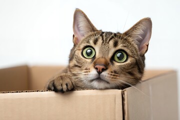 Curious tabby cat peeking from cardboard box