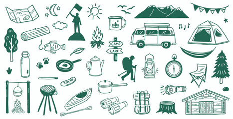 camping summer doodle hand drawn illustration - sketch collection set