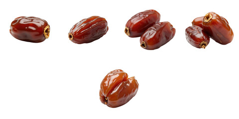 Dried date fruits arranged on a transparent background with clipping path showcasing various angles and details of the rich brown skin and texture.