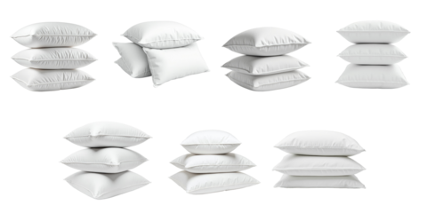 variety of white decorative pillows stacked and arranged on a transparent background featuring different shapes and orientations showcasing soft fabric texture and stitched details
