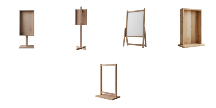 Collection of empty wooden standees with various designs isolated on transparent background for versatile display purposes in design projects.
