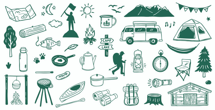 camping summer doodle hand drawn illustration - sketch collection set