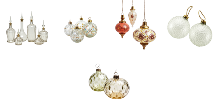 traditional vintage Polish glass ornaments with intricate designs and varied shapes completely isolated on transparent background