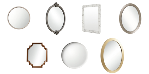 Variety of decorative mirrors displayed in different shapes and styles isolated on transparent background including round oval rectangular and vintage designs