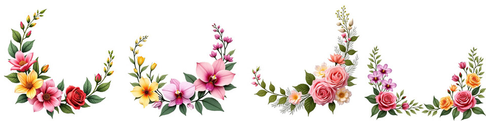 Floral arrangement featuring a variety of colorful flowers including roses, orchids, and tropical blooms isolated on a transparent background for versatile design applications