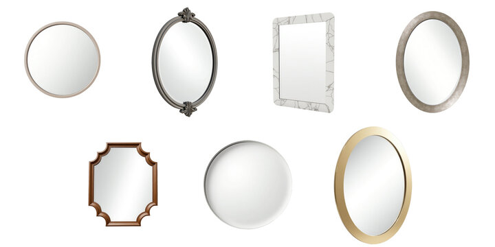 Variety of decorative mirrors displayed in different shapes and styles isolated on transparent background including round oval rectangular and vintage designs