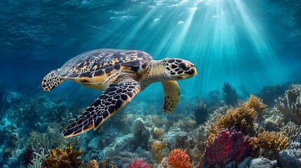 Fototapeta premium 4K Panormamic wide-angle shot of a hawksbill sea turtle