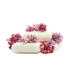 Soap bars and lilac flowers isolated white