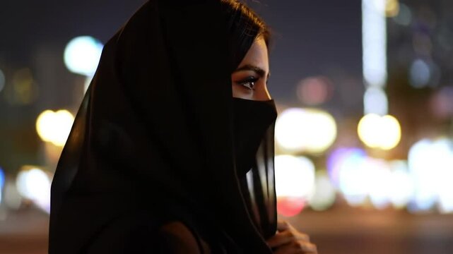 Mysterious woman in black niqab with city lights as background for islamic concept
