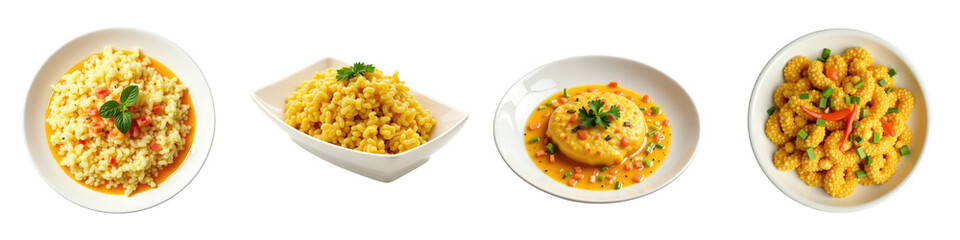 variety of Thai dishes served in white plates including fried rice, curry with vegetables, and stir-fried noodles isolated on transparent background