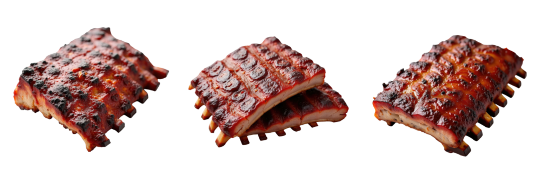 smoked pork ribs arranged on a transparent background showing rich color and texture isolated for culinary presentations or menu designs