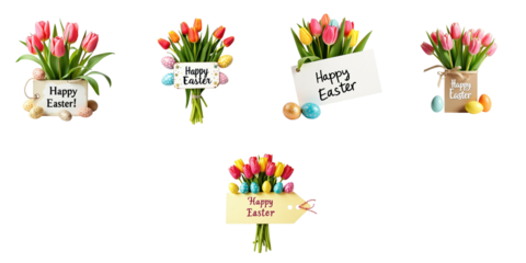 Easter tags with spring tulips bouquets and decorative Easter eggs arranged on transparent background for seasonal greetings and festive celebrations.