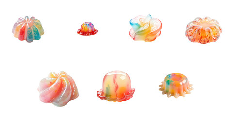 Assorted colorful gelatin desserts arranged on a transparent background showcasing various shapes and sizes with vibrant swirls and patterns.