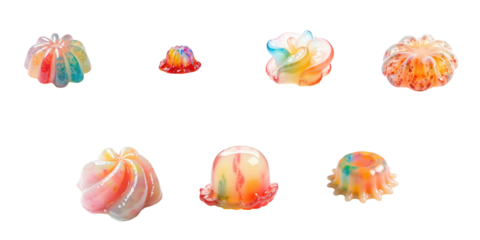 Assorted colorful gelatin desserts arranged on a transparent background showcasing various shapes and sizes with vibrant swirls and patterns.