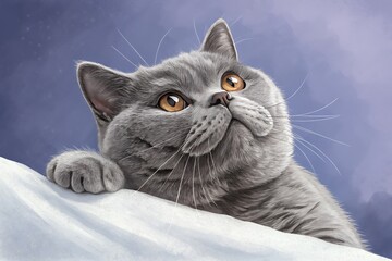 Gray british shorthair cat looking upwards