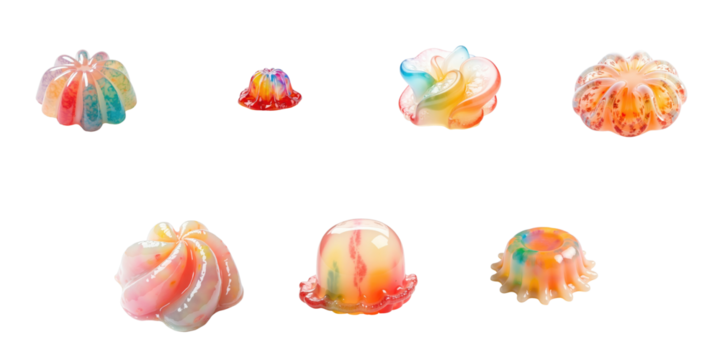 Assorted colorful gelatin desserts arranged on a transparent background showcasing various shapes and sizes with vibrant swirls and patterns.
