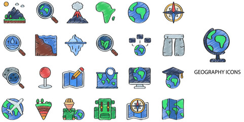 Geography simple concept 24 hand drawn color icons set .Vector illustration.