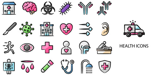 Health simple concept 24 hand drawn color icons set .Vector illustration.