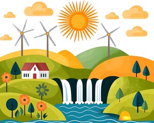 Flat art illustration of a hydropower plant with water flowing through turbines, representing clean and renewable energy. Ideal for eco-friendly, sustainability, and energy concepts.