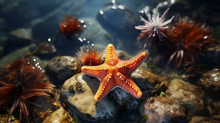 A photo of a starfish clinging to a rock in a tide